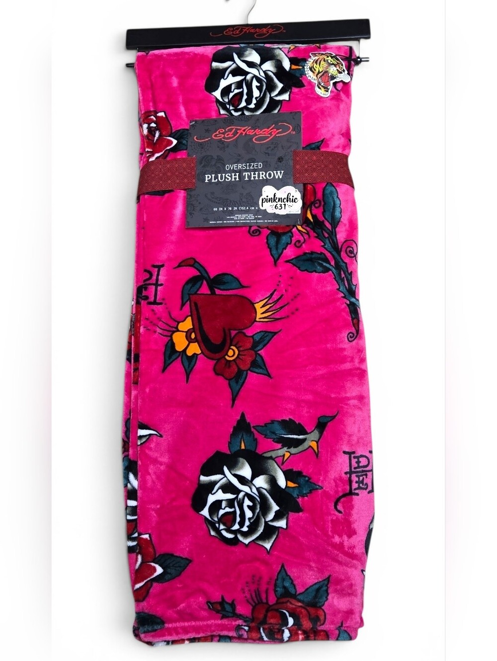 Ed Hardy Hot Pink Plush Roses Hearts Hibiscus Throw Blanket